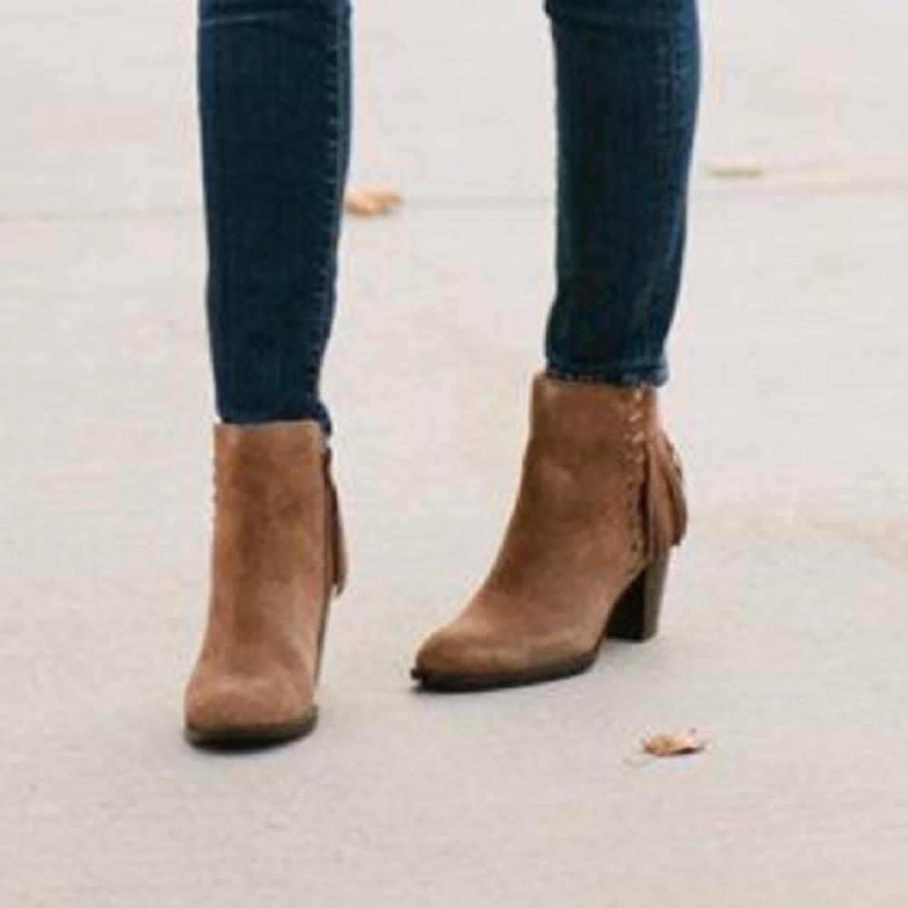 Leather Boho Fringe Block Heel Ankle Booties - Picture 4 of 8